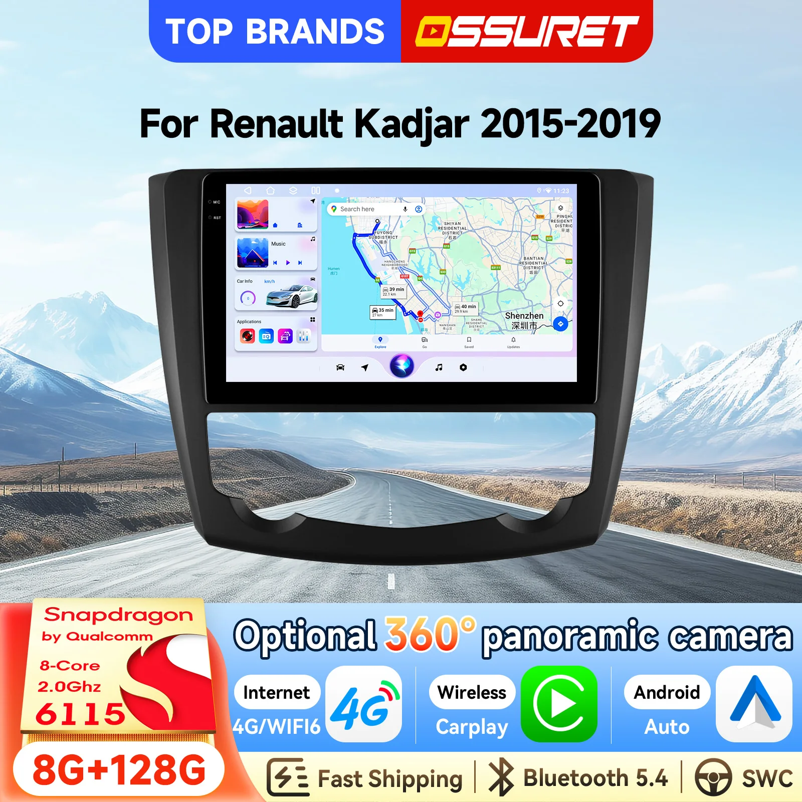 9'' 2 Din Android 15 Autoradio Intelligentes Fahrzeugsystem für Renault Kadjar 2015-2019 Kabelloses CarPlay Android Auto SWC Auto-Multimedia-Videoplayer Bluetooth mit Qualcomm Snapdragon 6115 Octa