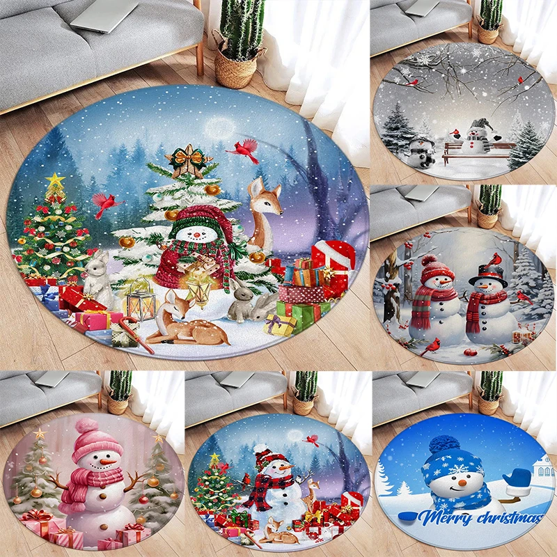 Winter Christmas Theme Round Carpet Cute Snowman, Christmas Tree, Reindeer, Forest, Snowflake Gift Pattern Home Living Room Mat
