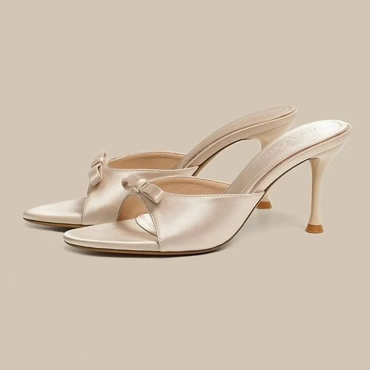 

French-style Wedge Sandals for Women 2026 New Elegant Satin Bow High-heeled Half Slippers