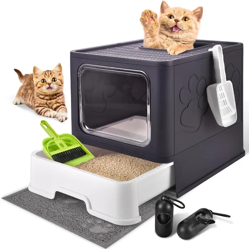 Cat Litter Box with Mat and Scoop, Large Foldable Lids, Free in& Out Covered Kitty Box, Odor Control Enclosed Anti- Splashing