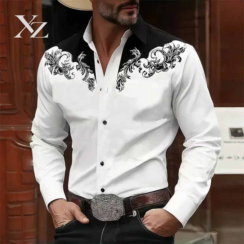 Men's Western Cowboy Style Shirt, Black and White Color Block Print, Long-Sleeve, Retro Casual Top, High-Quality Fabric