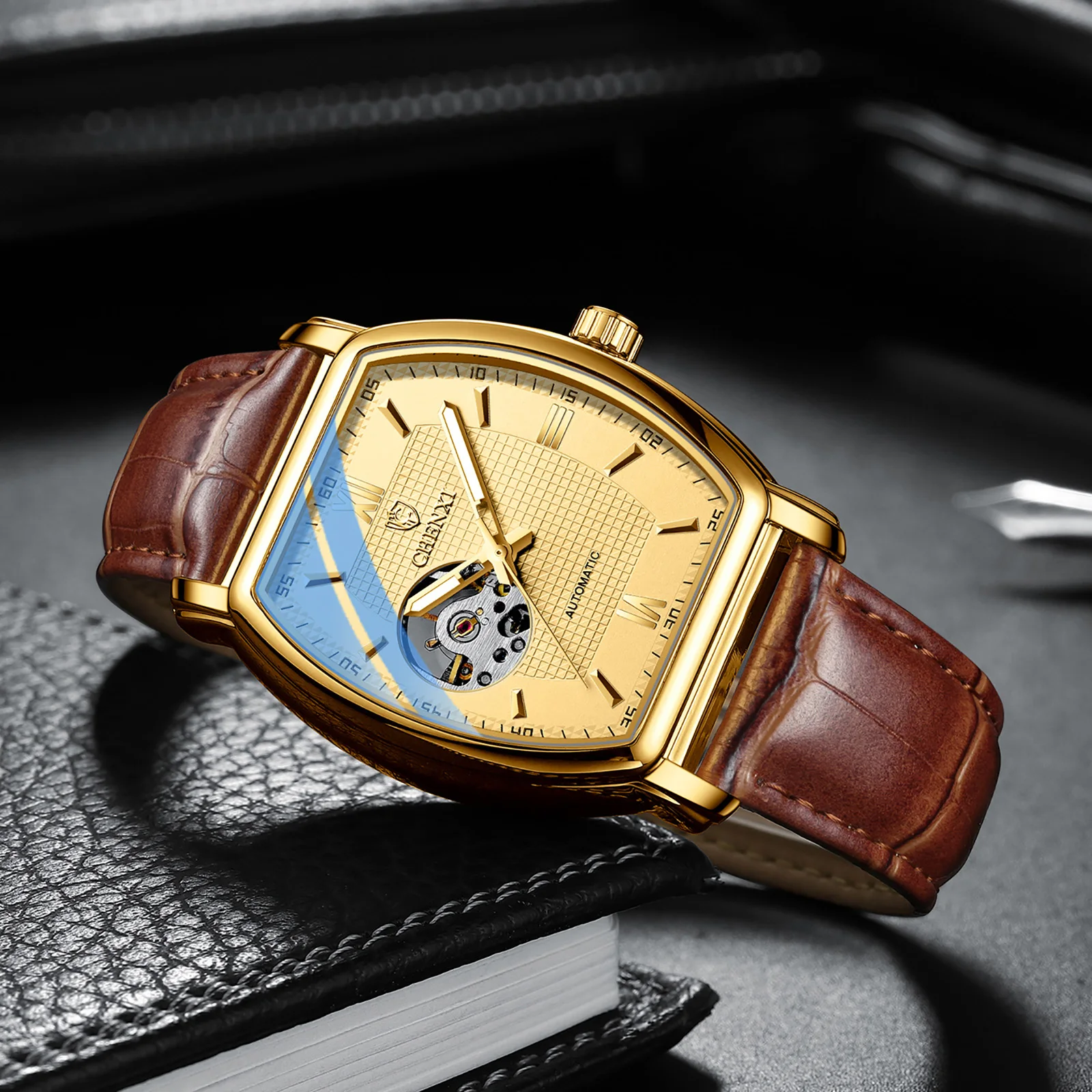 Automatic Mechanical Skeleton Man Watch Fashion Luxury CHENXI Watches For Men Business Leather Waterproof Tonneau Wristwatch