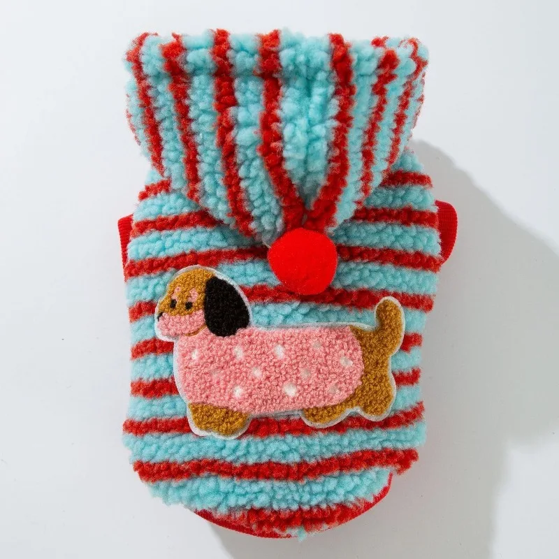 

Plush Striped Dog Hoodie Thick Fleece Winter Warm Hooded Jacket With Pom Pom For Dachshund Sausage Dog Puppy Small Dogs Cute