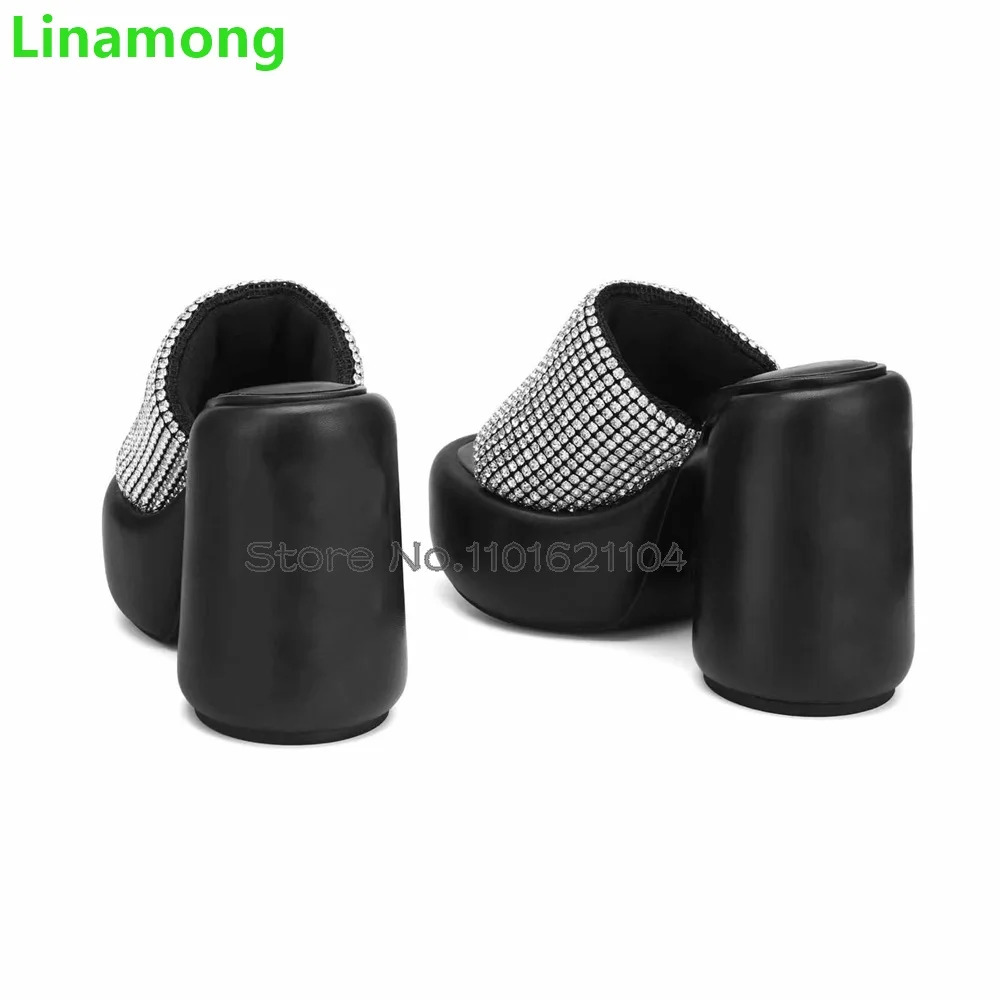 Black Platform Square Heel Slippers For Female Women 2024 New Crystal Blingling Round Toe Soft Fabric Outside Fashion Shoes