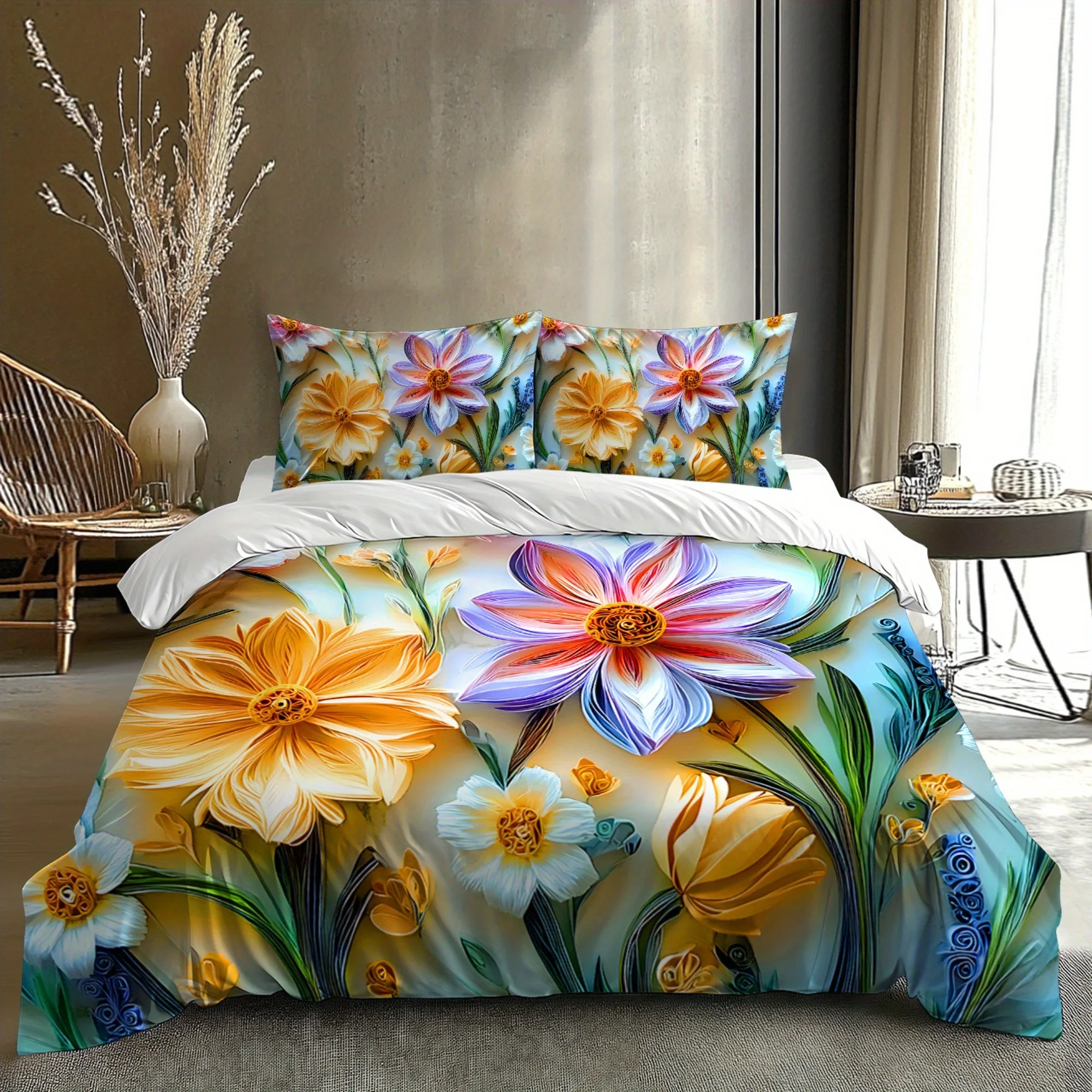 Luxury Light Easy Style 3D Floral Pattern Duvet Cover Set - Brushed Digital Print with Yellow Purple Flowers Plant Design