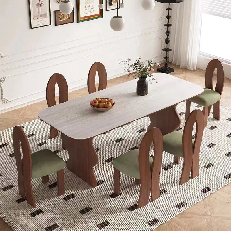 Household small apartment walnut color dining table rectangular solid wood dining table and chair combination
