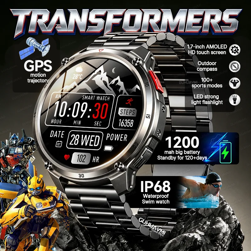 New Men Outdoor Military GPS Smart Watch 1200mAh Battery IP68 Waterproof Flashlight 1.7