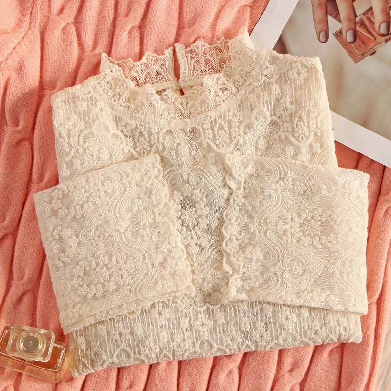 

Women's Lace Base irt Stand Collar Hollow out Me Top Sexy Korean Sle Long Sve Pure Color Commute Faion Inner Wear