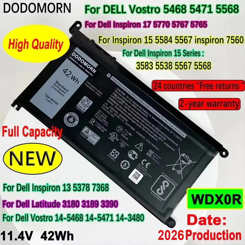 DODOMORN WDX0R Laptop Battery For DELL Vostro 5468 5471 5568 Inspiron 17 5770 5767 5765 15 5584 5567 7560 3583 5538 5567 WDXOR