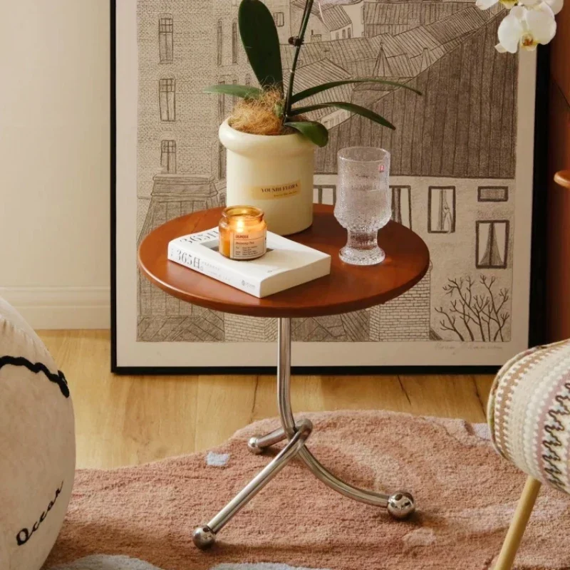 

2024New Vintage Coffee Table Solid Wood desktop Stainless Steel Stand Bedroom Small Round Table Bedside Desk 40X40cm