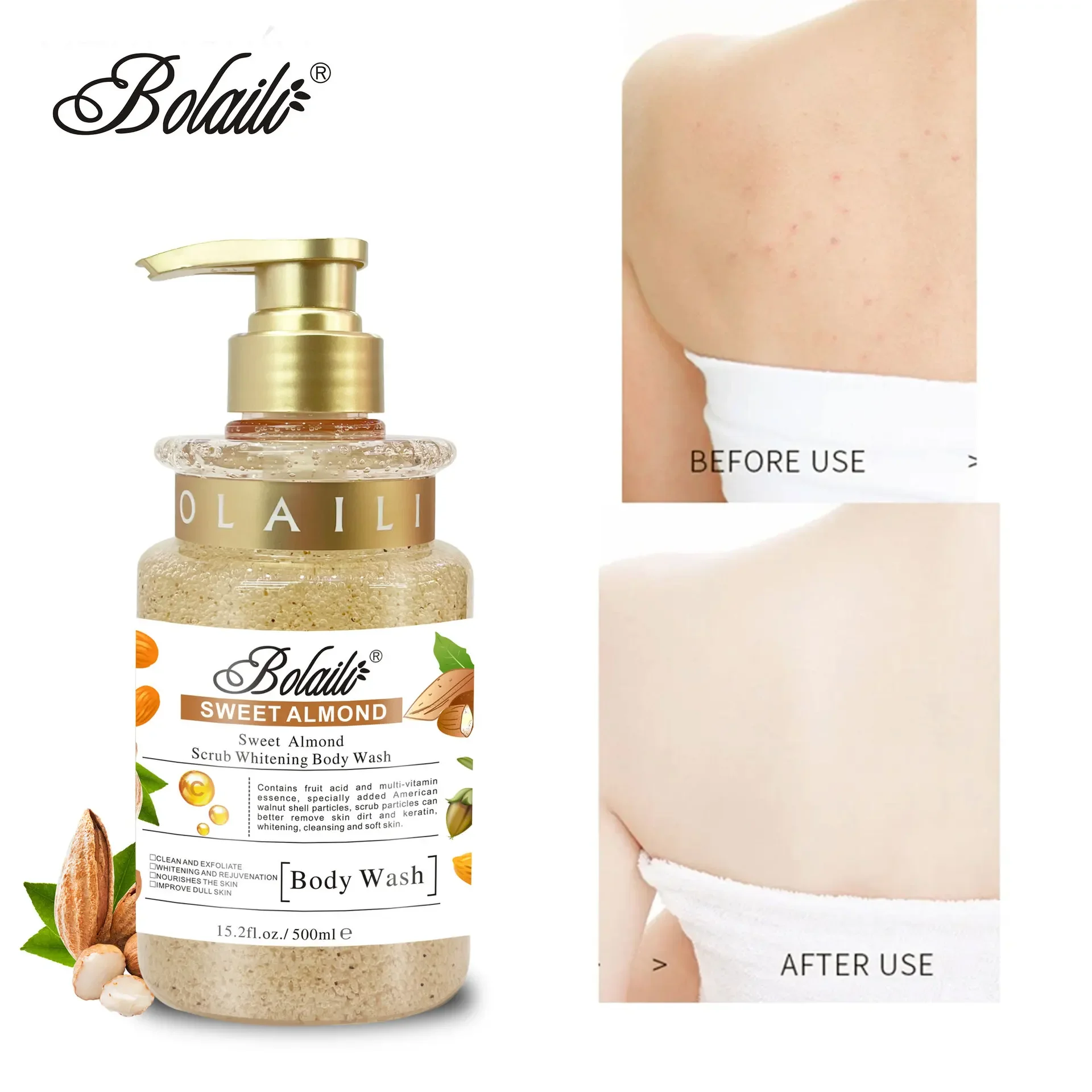 500ml Body Wash Exfoliating Moisturizing Whitening Skin Lightening Increase Skin Radiance Sweet Almond Whitening Scrub