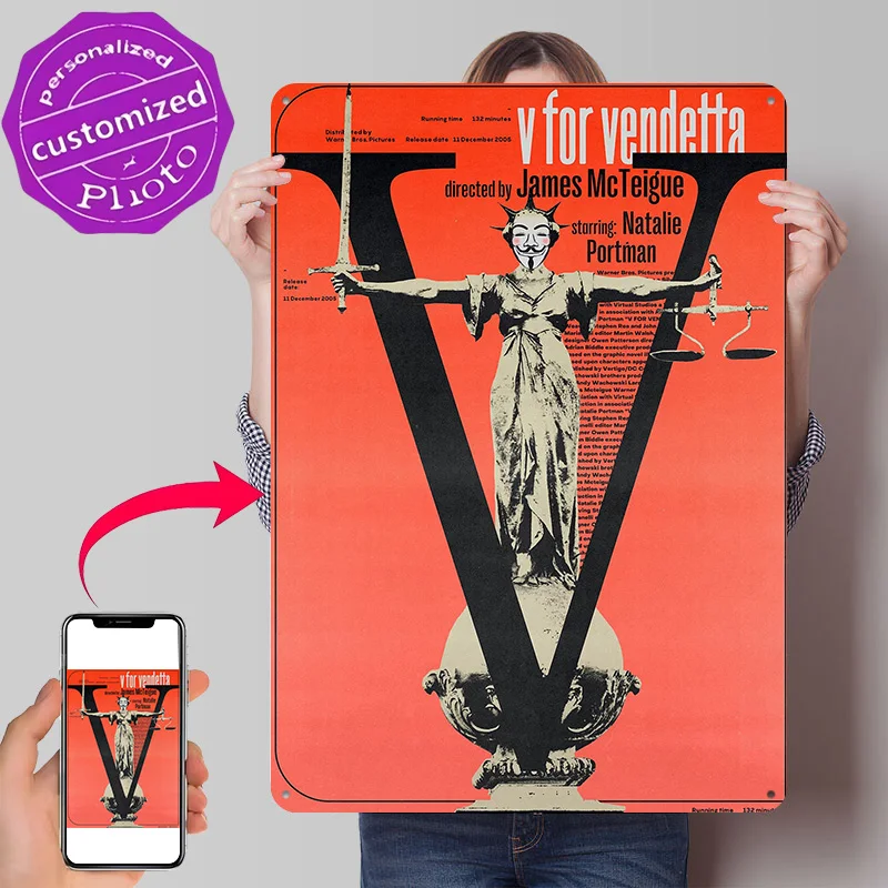 V for Vendetta Movie Poster Retro 3D Printed Metal Signs Customized Wall Hanging Gift for Decor Living Room Decoration Man Home
