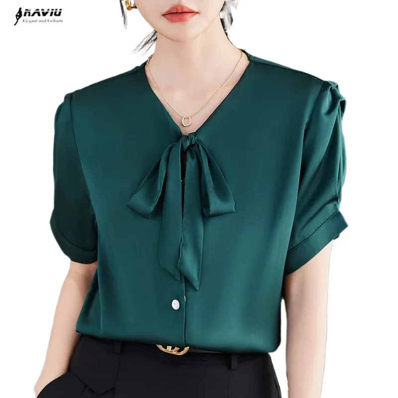 

NAVIU Green Bow Tie Shirt For Women New Summer Temperament V Neck Short Sleeve Formal Blouses Office Ladies Work Tops White