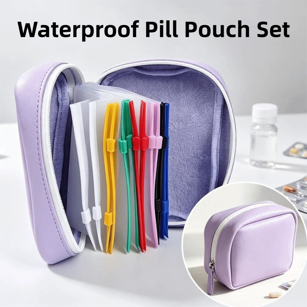 7/14PCS Portable Waterproof Pill Pouch Set Color-Coded Zippered Pouches 7-Day Pill Organizer Moisture-proof PU Leather