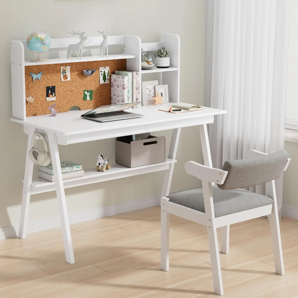 

Children's Desk, 39.37" Children's Desk and Chair Set, with Drawers, Cork Bulletin Board, Chair, White Children's Desk