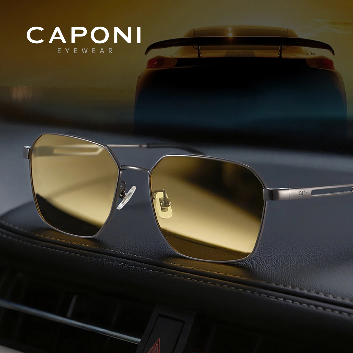 Caponi night vison óculos de sol masculino alta qualidade metal noite condução fotocromática marrom óculos de sol uv400 tons amarelos bsys24708