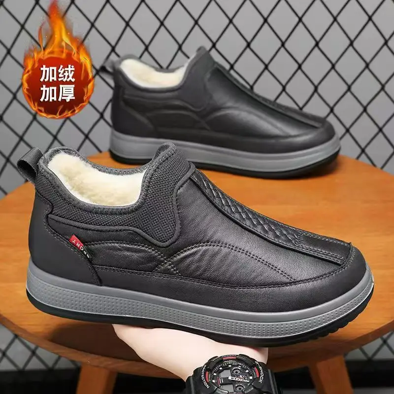 Men's Winter Thickened Fleece Lined Woolen Snow Boots Anti-slip Leather Surface Waterproof And Ski Proof Casual Style Boots