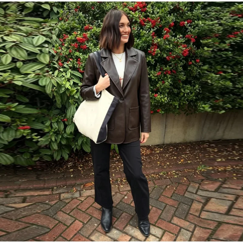 2026 Autumn Faux Leather Blazer Jacket Lapel Collar Single Breasted Big Patch Pockets Loose Vintage Minimalist Outerwear Coat