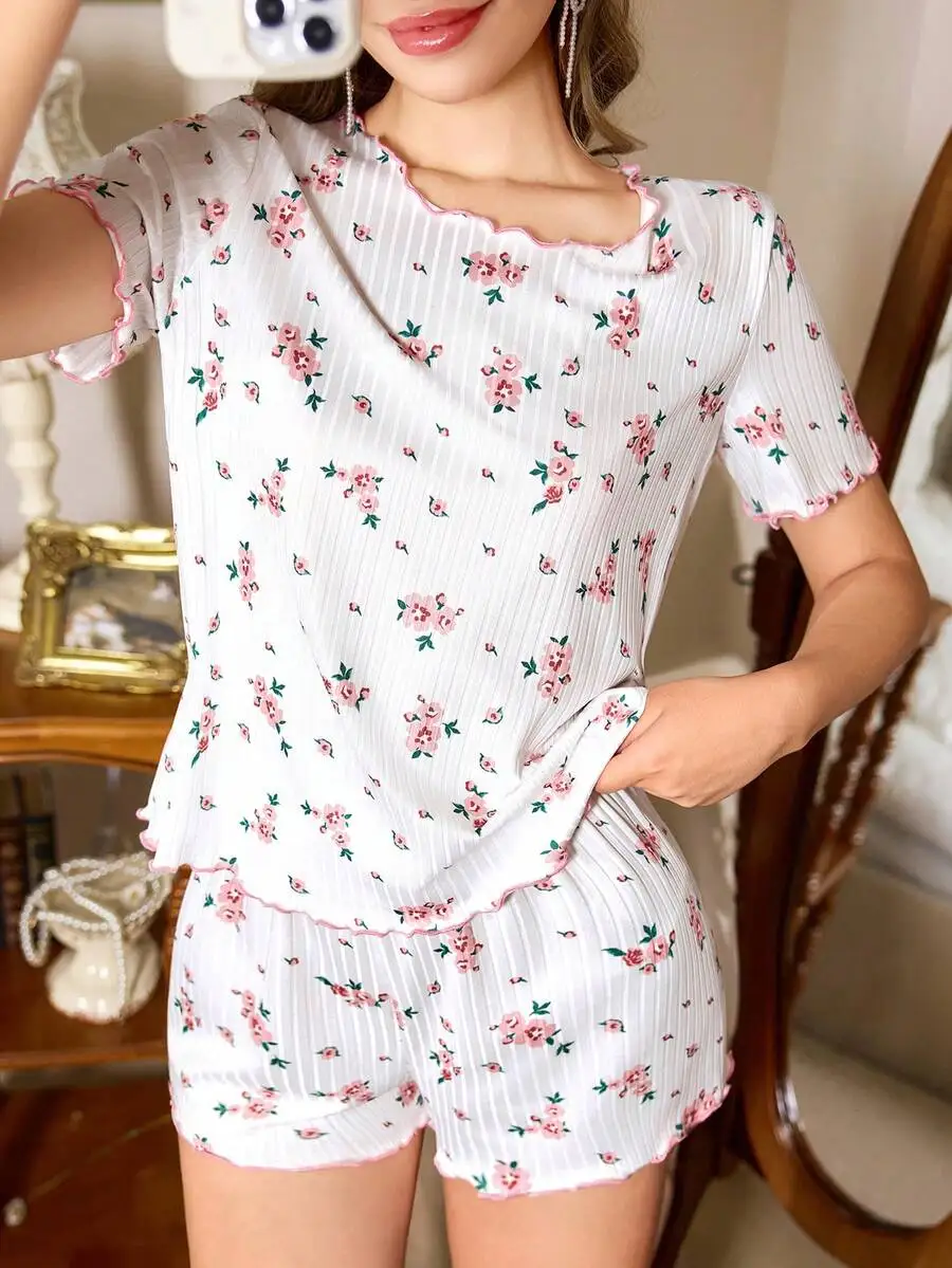 

Floral Rib Knit Loose Short Sleeve Pajama Set For Women
