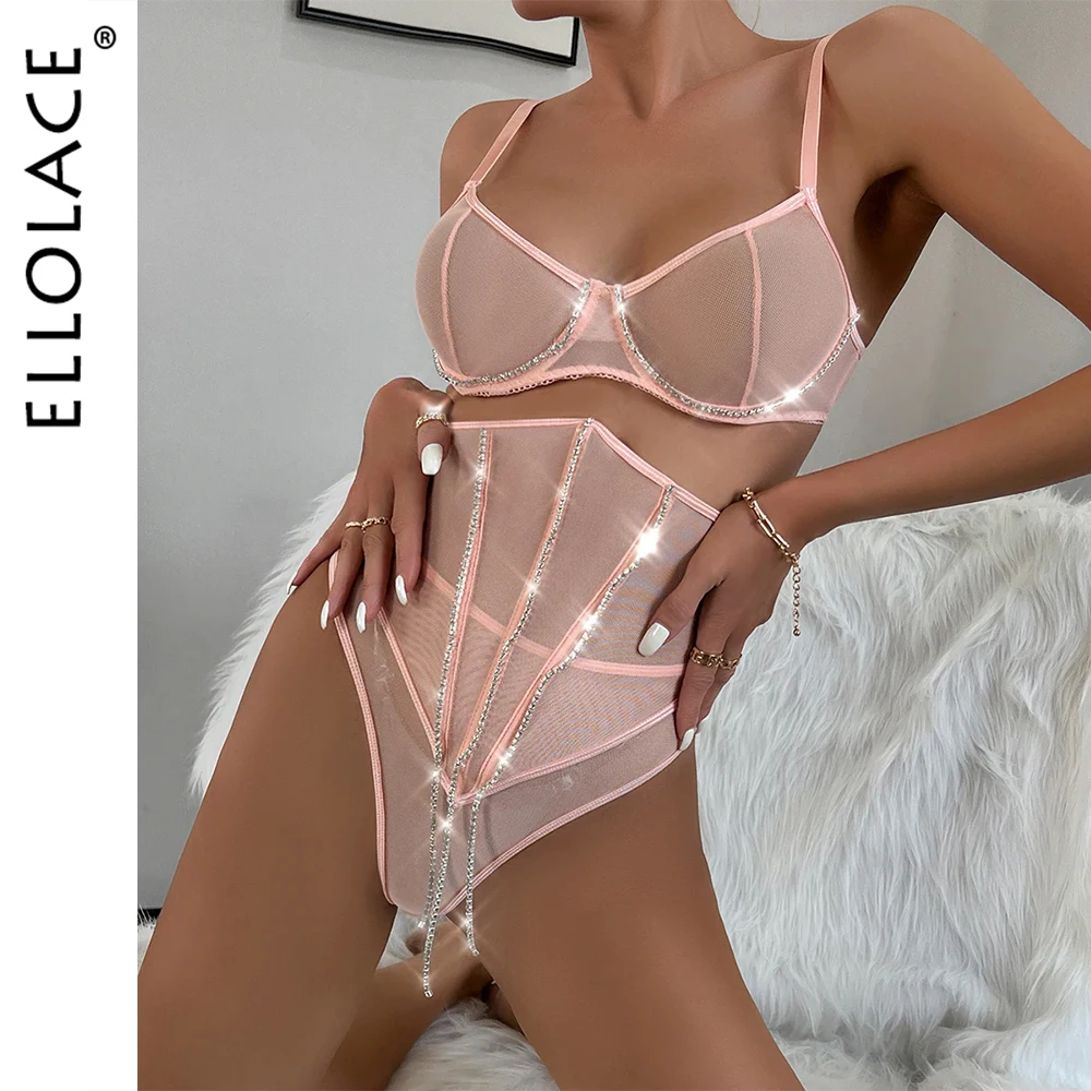 

Ellolace Rhinestone Lingerie With Waistband Sheer Lace Sensual Underwear Glitter Tassels Naked Women Uncensored Sexy Intimate