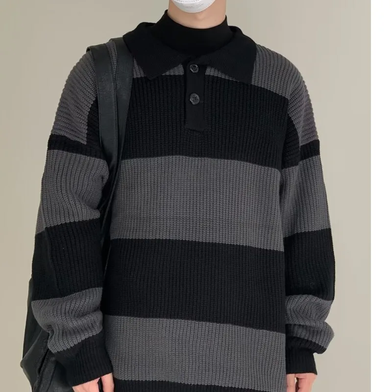 

Men Sweater Color Contrast Striped Sweater Men Autumn Korean Trend Lapel Sweater Loose Casual Top Men Winter Sweater