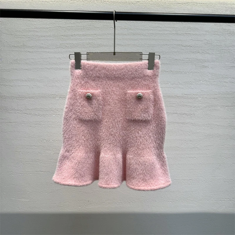 Terno de malha mohair feminino com emenda de renda colarinho de boneca, saia de quadril com babados pendulares de alta qualidade, nova moda, Y2K, outono 2022