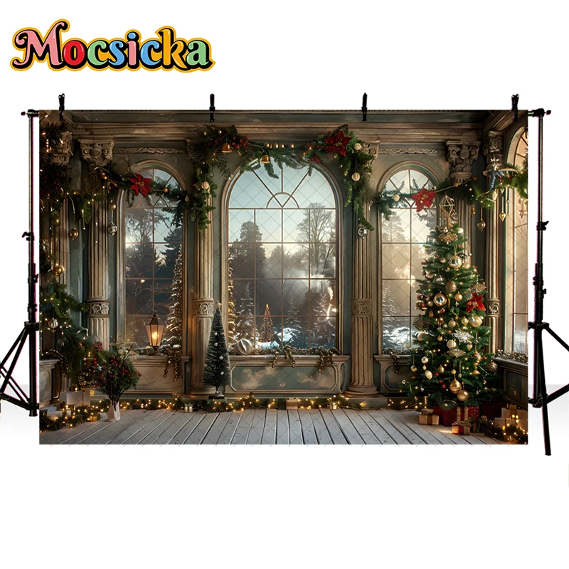 Mocsicka Indoor Christmas Window Background Photography Xmas Tree Vintage Palace Decor Kids Adult Portrait Photo Backdrop Studio