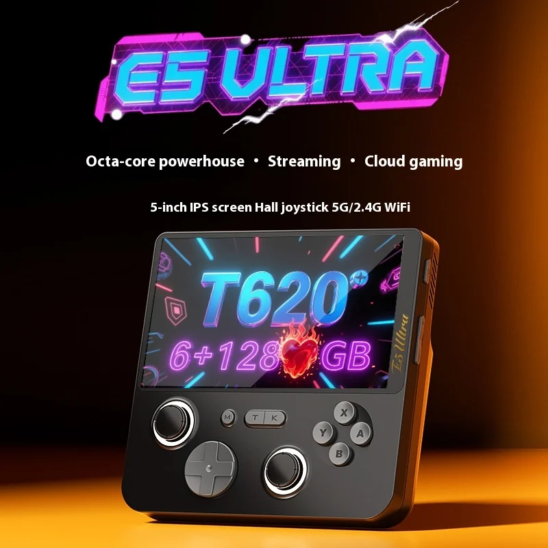 GAMEMT E5 وحدة تحكم ألعاب محمولة للغاية 5 بوصة 1280 × 720 IPS شاشة تعمل باللمس 5000 مللي أمبير في الساعة عصا تحكم ذات تأثير القاعة جهاز ألعاب محمول يعمل بنظام أندرويد