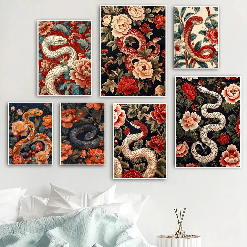 Vintage Flowers Plant Animals in Grass Different Kinds of Snakes Canvas Painting Wall Living Room Office Retro Room Decoration