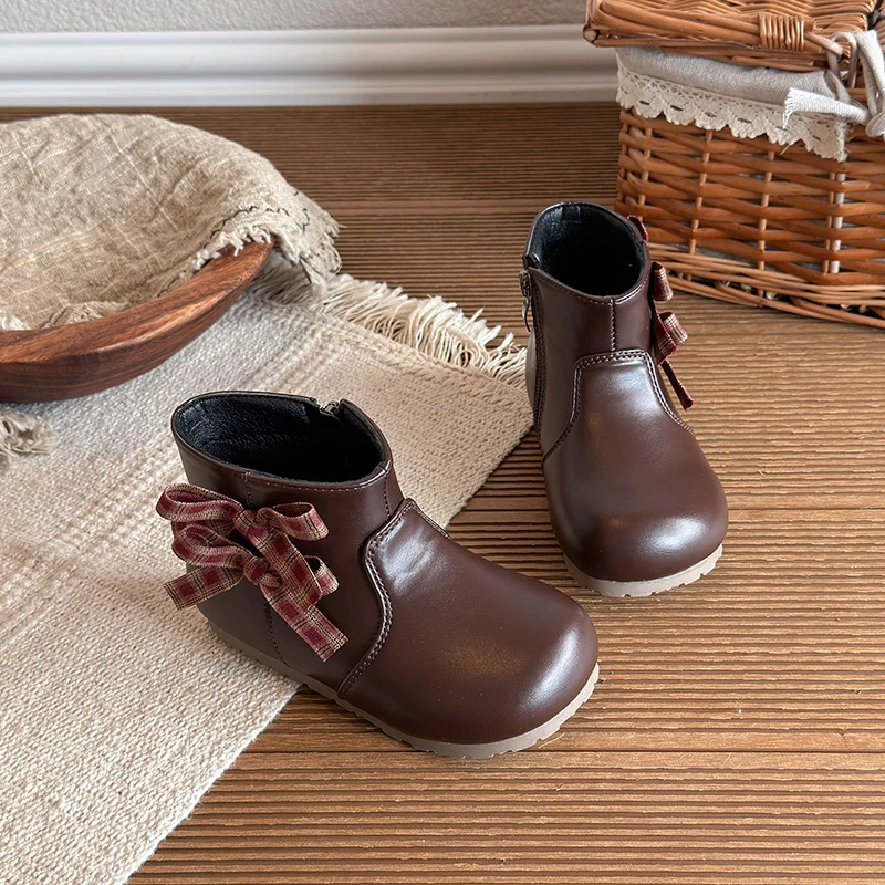 Toddler Girls Ankle Booties Side Zipper Plaid Bow Decor Soft Non Slip Sole For Autumn Winter Daily Dress Up Party Occasions