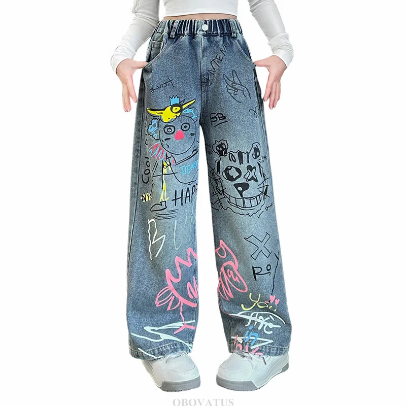 

New Design Children Printed Hip Hop Jeans For Girls High Fashion Streetwear Denim Pants Kids Trendy Cartoon Jeans Trousers 5-14T