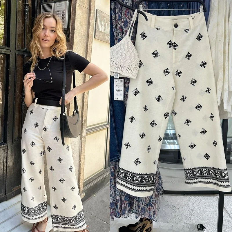 

High Waist Wide Leg Pants Loose Linen Print Casual Trousers for Women Summer 2023 Street Style Natural Waist Button Detail