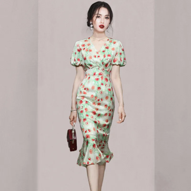

2024 Summer New Korean Version Fashion Temperament V-Neck Mid-Length Fishtail Dresses Women's Slim Print Dresses Vestidos