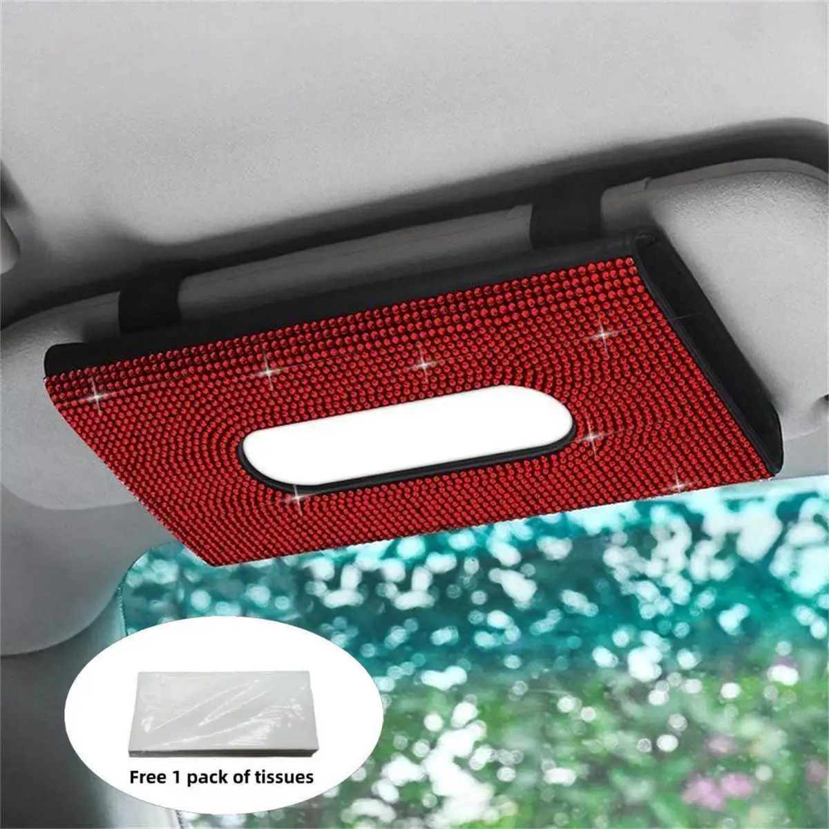 1pc Car tissue box Car Sun Visor Tissue Storage Box Glitter Sunscreen Tissue Rhinestone Shiny Tissue Bag Artificial leather arti