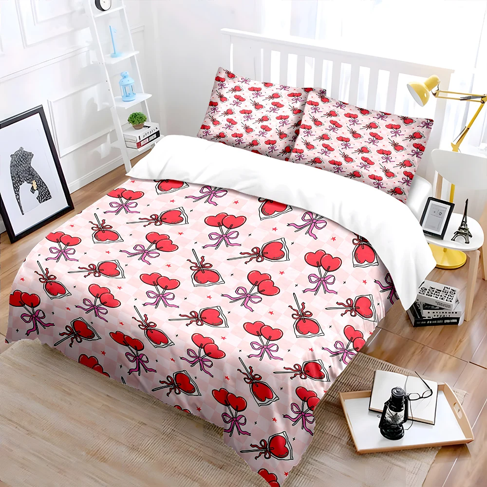 Red heart balloons with bows Print Bedding Set 1 Duvet Cover 2 Pillowcases for Adult and Children Luxury Gift Full Size