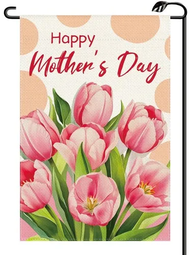 Happy Mother’s Day Pink Tulip Floral Garden Flag 12x18 Inch Vertical Double S... YYZ