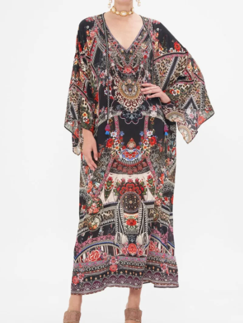 

Women Silk Midi Dress Floral Printed Long Sleeve V-Neck Vintage Robe