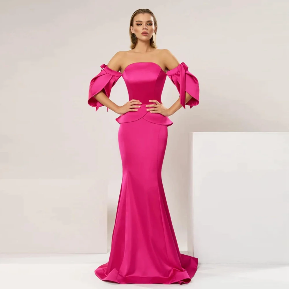 Off Shoulder Fuchsia Mermaid Evening Dress Short Sleeve Open Back Hot Pink Prom Dresses Custom Made Women Clothing Ever Pretty