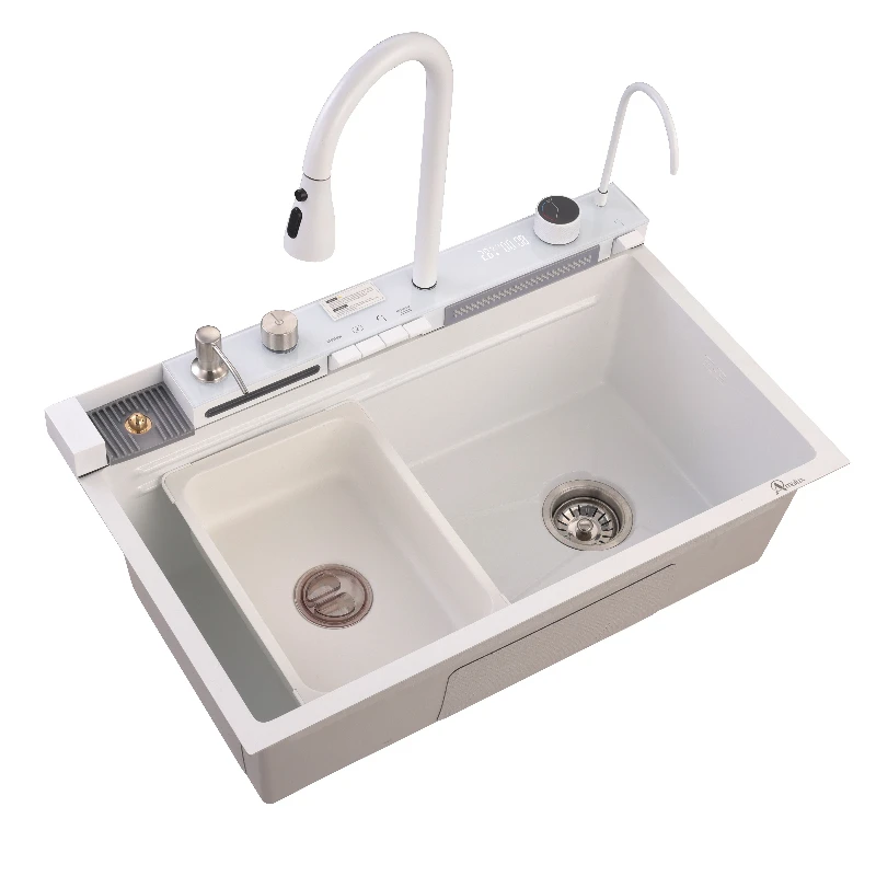 

Modern White Rectangular Kitchen Sink Durable Single Hole Faucet Installation Multifunctional