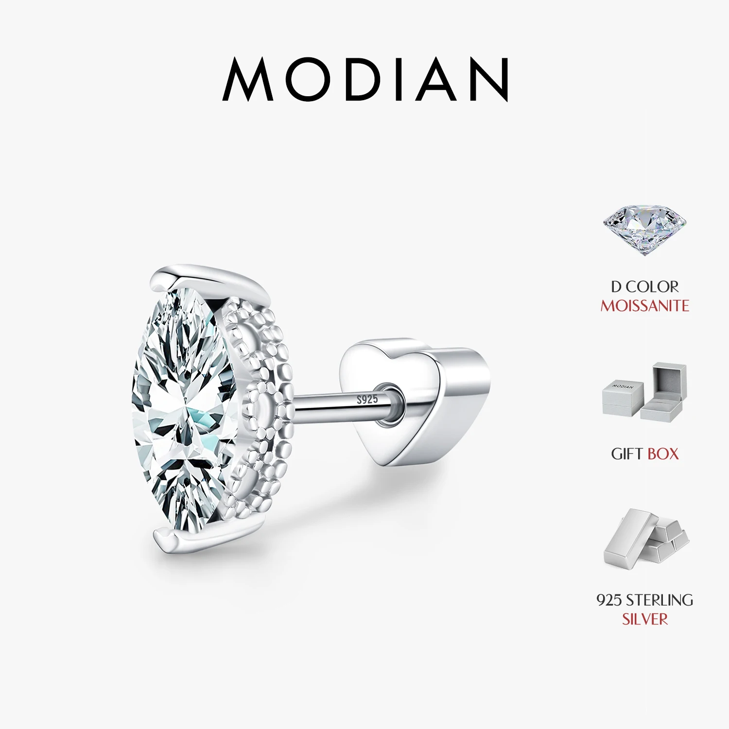MODIAN D Color Moissanite Cartilage Earrings 925 Sterling Sliver Retro Pattern Heart Screw Stud Earrings For Women Fine Jewelry