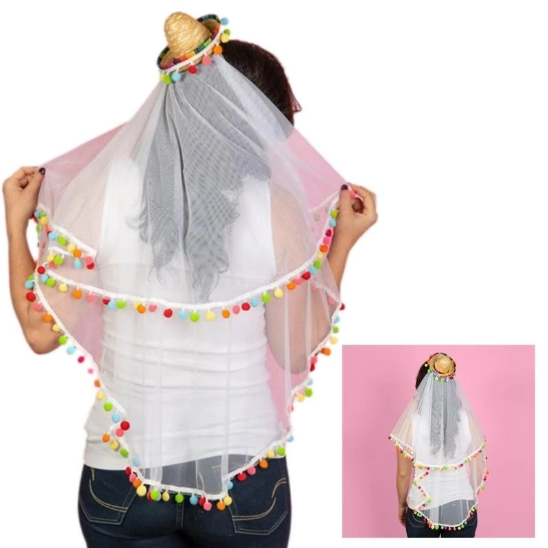 

R1WE Cincodemayo Party Hat для женщин Традиционная мини-мексиканская шляпа соломенная шляпа Sombrero с свадебной завесой