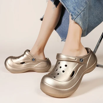 여성용 골드 실버 청키 플랫폼 샌들, 두꺼운 밑창 EVA 나막신 슬리퍼, 발가락 닫힘 방지 비치 슈즈, 2024 여름