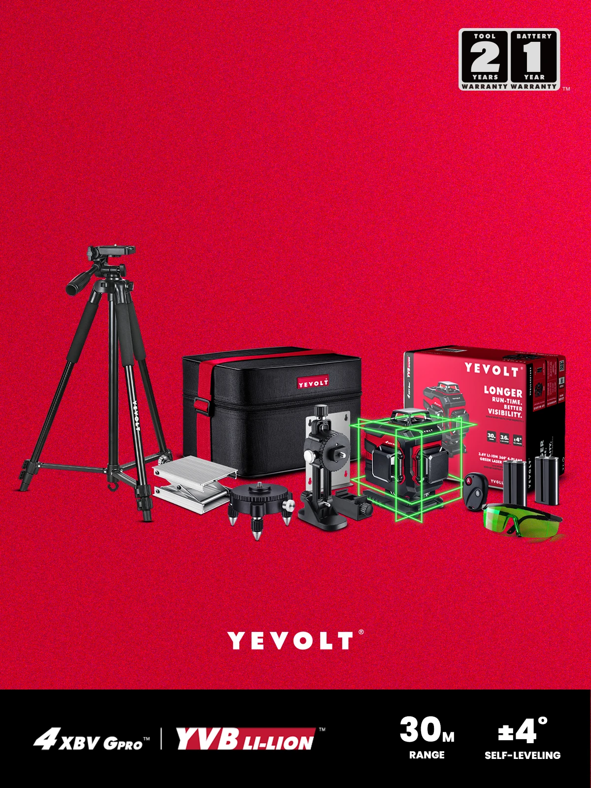 

YEVOLT TP-YVGLL4XS16B2DP 4-Plane Green Beam Laser Level Kit 4D 16-Line Self-Leveling Measuring All Day Work-1.5m Aluminum Tripod