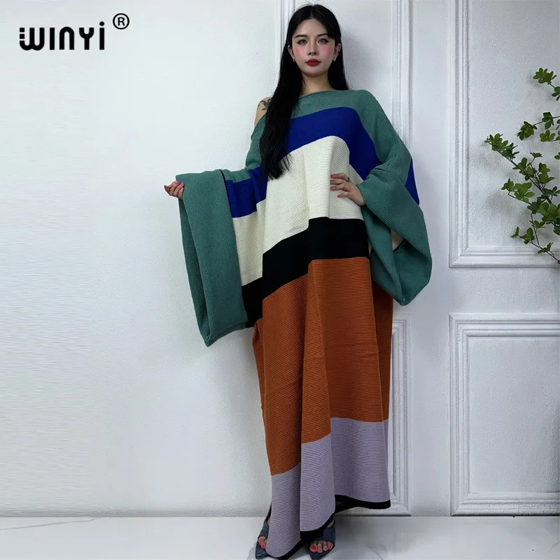 WINYI Color matching design Comfort Warm fashion Caftan Holiday party dress Elegant Africa Boho winter birthday dress for women