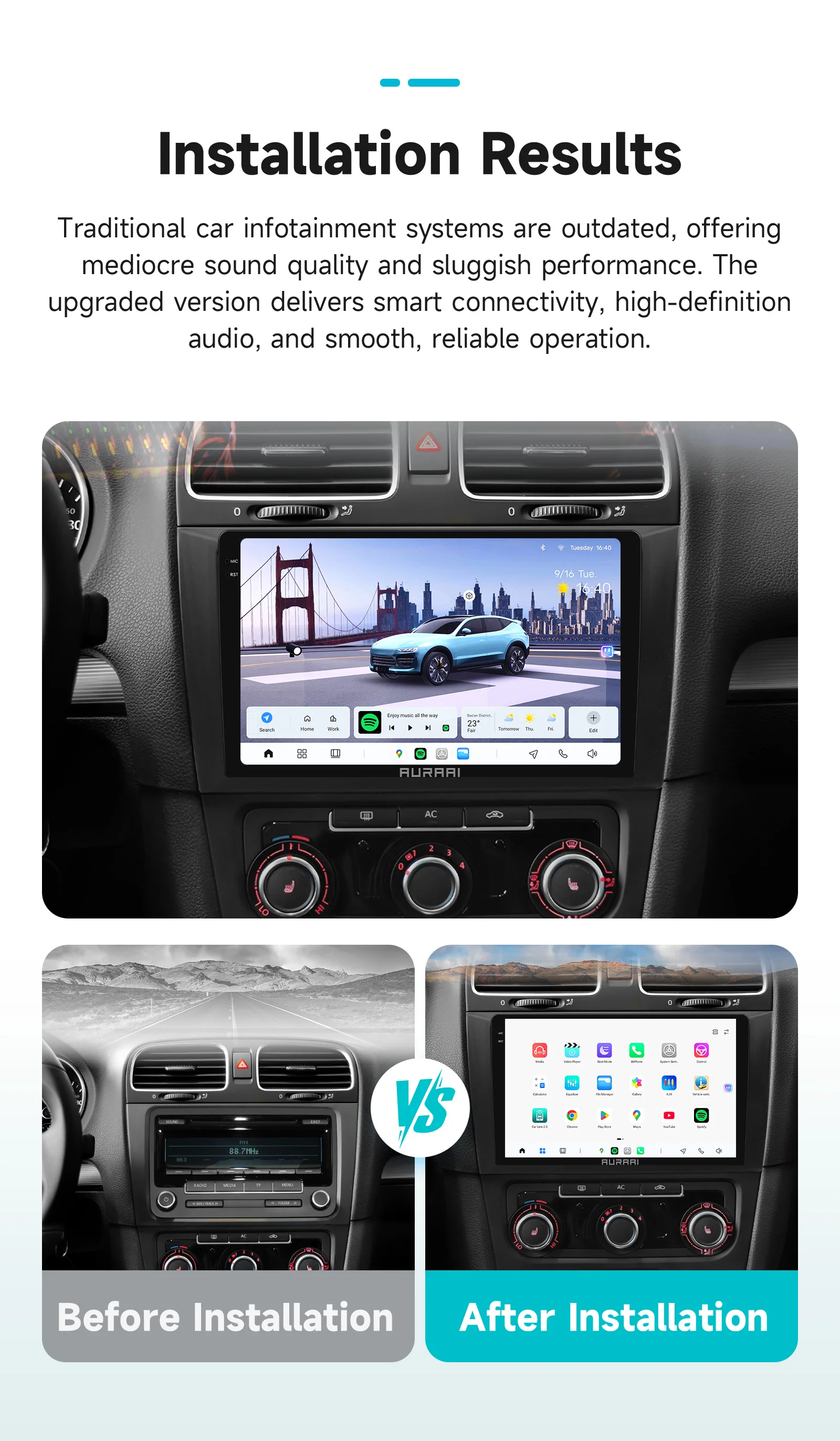 AURAAI 9'' Autoradio-Stereo-Player für VW Volkswagen Golf 6 2008-2016, kabelloses CarPlay, Android Auto, 8-Kern, KI-Sprachsteuerung, GPS, 1920*1200