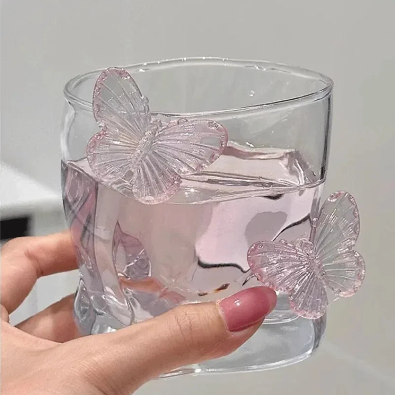 

TOPLIVING Pink Butterfly Irregular High Beauty Transparent Crystal Glass Cup Cold Drink Cup Twist Cup Household Juice Whiskey G