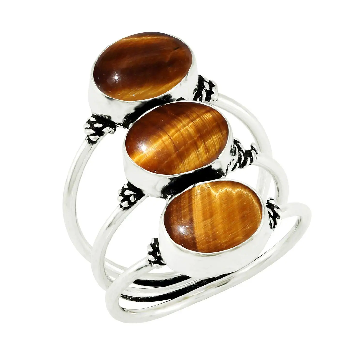 

Vintage 925 Sterling Silver Ring With Tiger Eye Stone Oval Retro Three Stone Rings Skeleton Party Gifts Fine Jewelry For Women