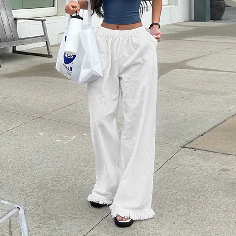 

Women Fashion Solid White Tassel Hem Wide Leg Pants Elastic High Waist Loose Straight Trousers Casual Streetwear Bottoms