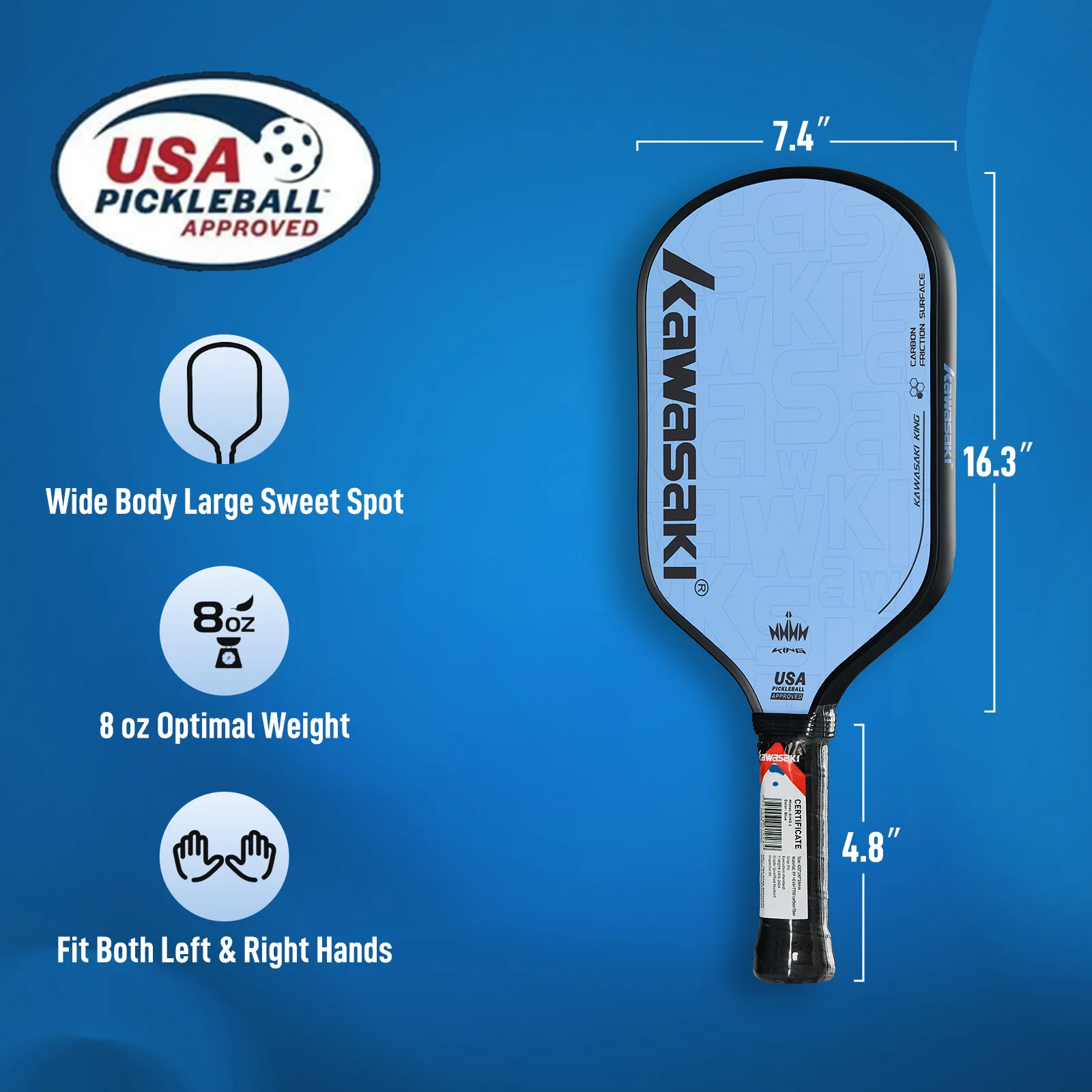 

Kawasaki 14mm PP Honeycomb Core Inner & T700 Carbon Surface Tournament Professional Pickleball Paddle KING 6