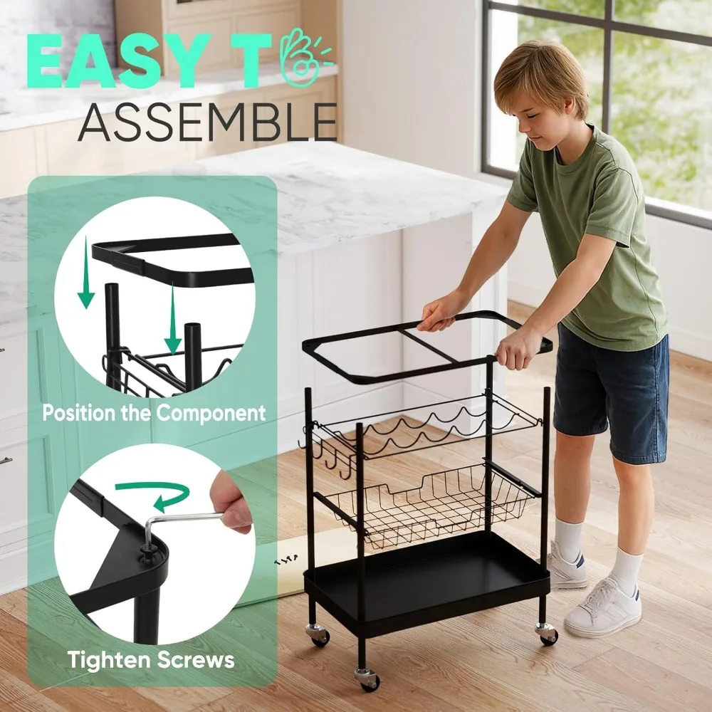 عربة المطبخ المتداول مع رف النبيذ، عربة البار، عربة تقديم بار المنزل على عجلات مع خطاف، عربات الميكروويف للمشروبات المتنقلة، #3